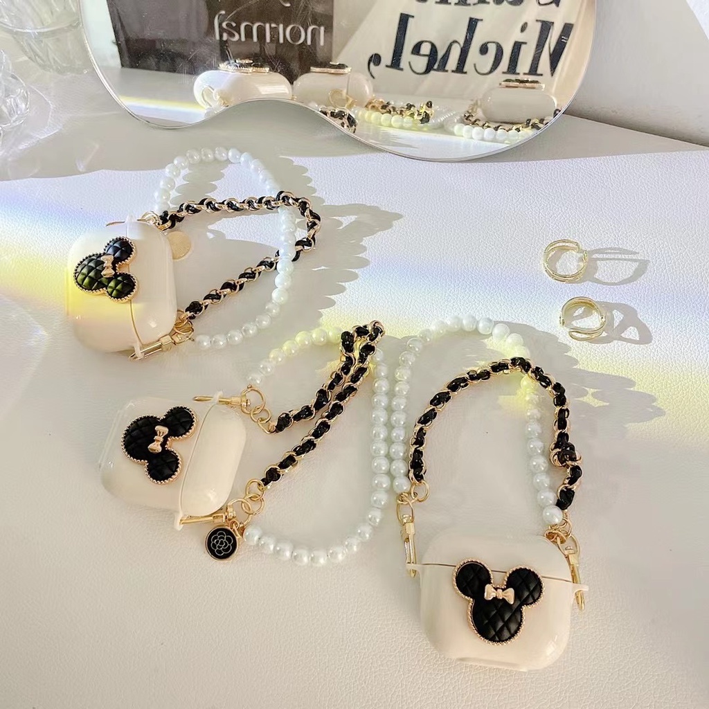 Vỏ Bảo Vệ Hộp Sạc Tai Nghe Bluetooth Mềm Hình Đầu Chuột Mickey Màu Đen Kèm Dây Xích Cho airpods1/2 Pro 3