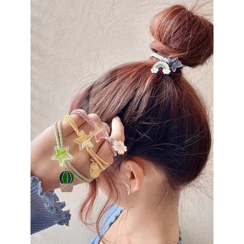Dây Buộc Tóc Hai Lớp Co Giãn Họa Tiết Ngôi Sao Dễ Thương Cho Bé Gái