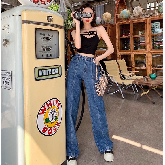 QKOOLE  Quần jeans Nữ Lưng Cao Ống Đứng Phong Cách Hàn Quốc