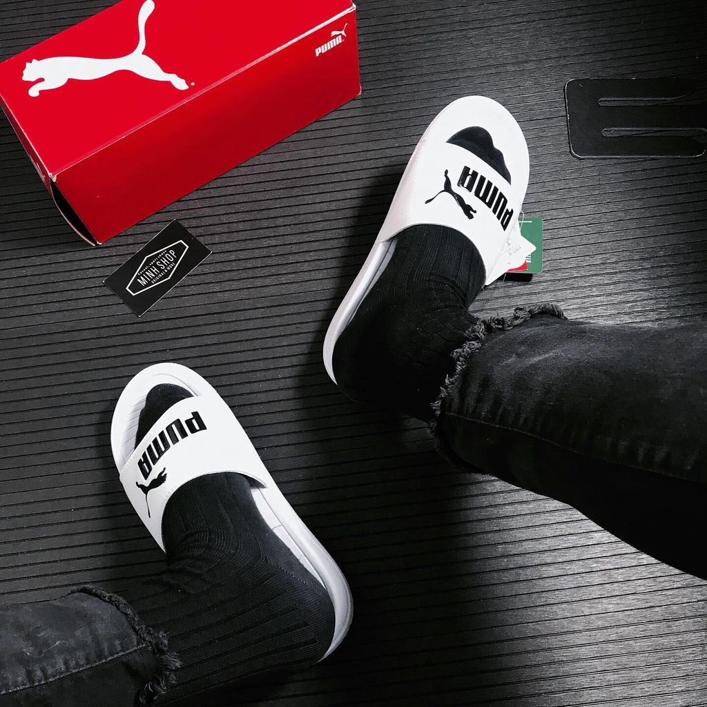 Dép PUMA Popcat trắng logo đen 372279 02 bill hàn