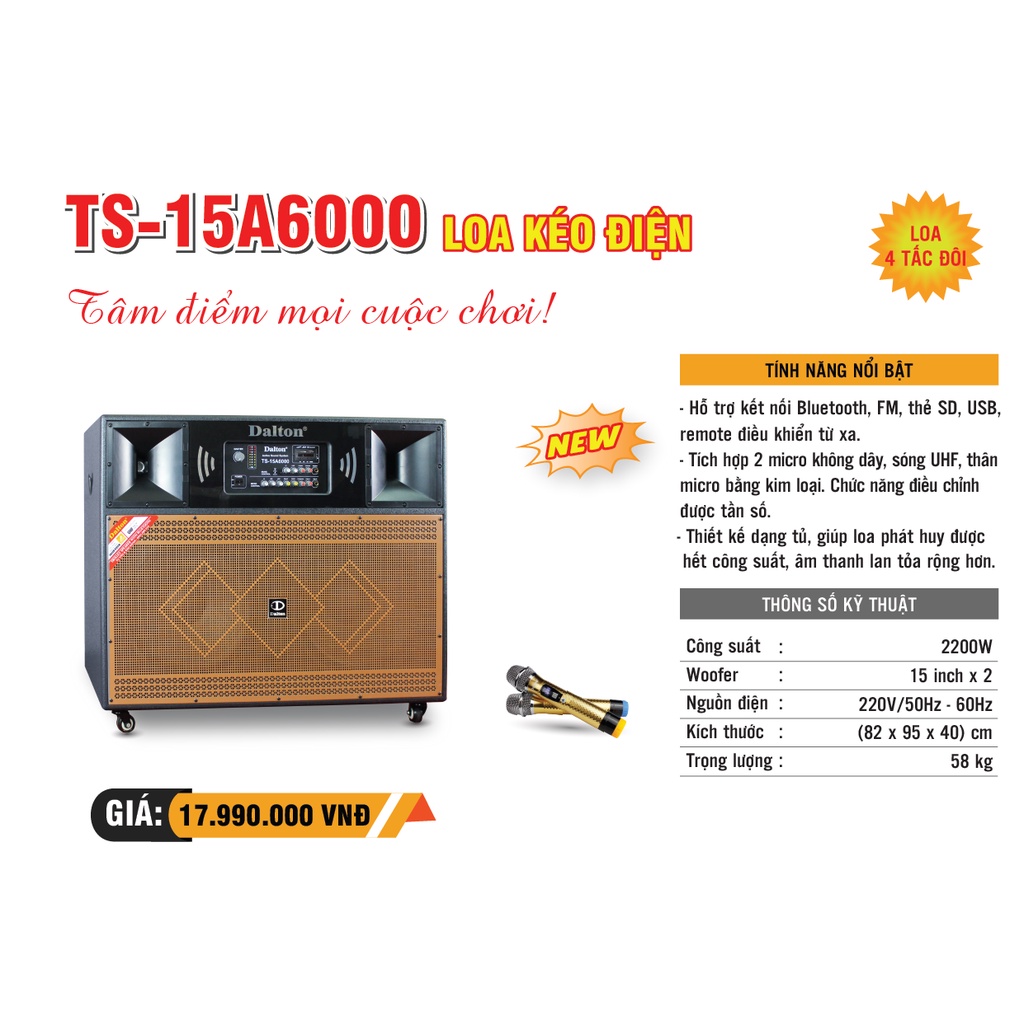 Loa kéo karaoke công suất cao, loa kẹo kéo karaoke Dalton TS-15A6000 công suất 2200W, Bass loa 15 inches x 2 BH 12 tháng