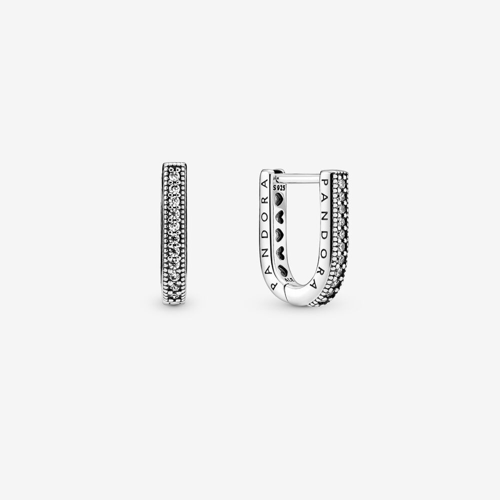 PANDORA Bông Tai Mạ Bạc 925 Hình Chữ U Lấp Lánh