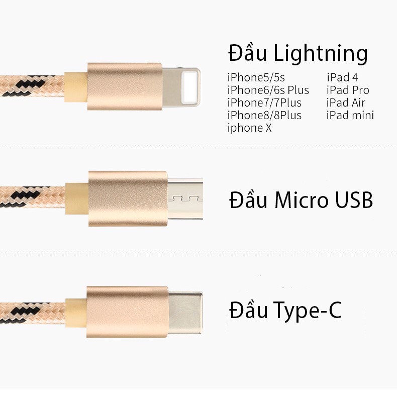 Cáp sạc điện thoại bọc dù, dây sạc điện thoại bọc dù 3 đầu chống đứt cho các dòng điện thoại