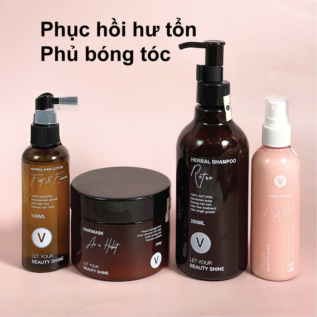 4 sản phẩm PHỤC HỒI HƯ TỔN, PHỦ BÓNG tóc, cho mái tóc bóng mượt (Dầu Retro, Ủ phục hồi, Sữa dưỡng, Xịt bưởi) [CB11]