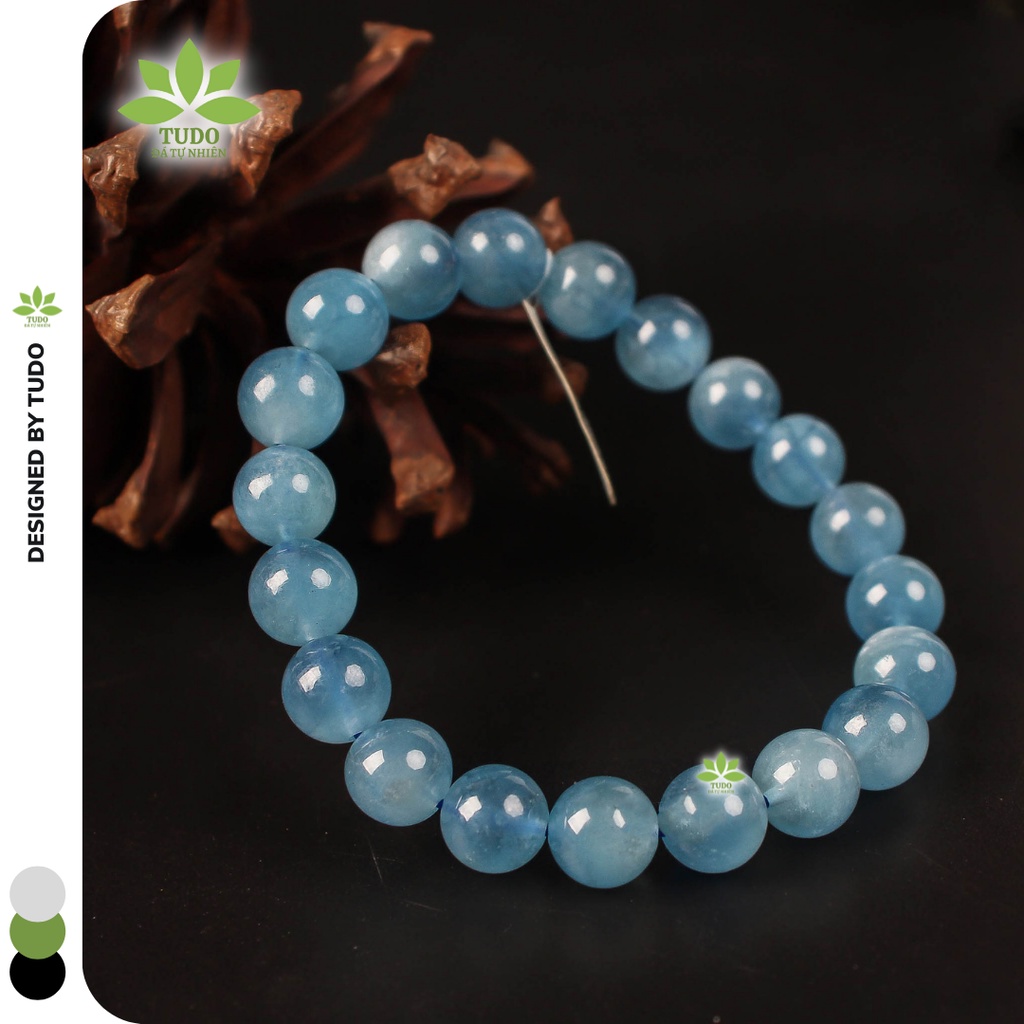 Vòng Tay Nữ phong thủy TUDO Aquamarine loại A++ xanh dương tự nhiên, tròn trơn, có kiểm định, cho nữ mệnh Thủy Mộc