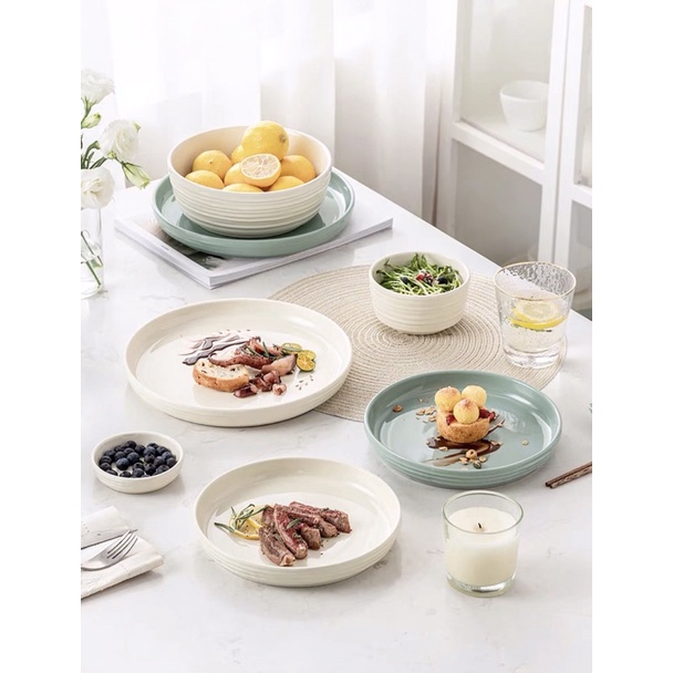 Bộ bát đĩa xanh mint pha màu be nhẹ nhàng - Quà tặng tân gia chất lượng