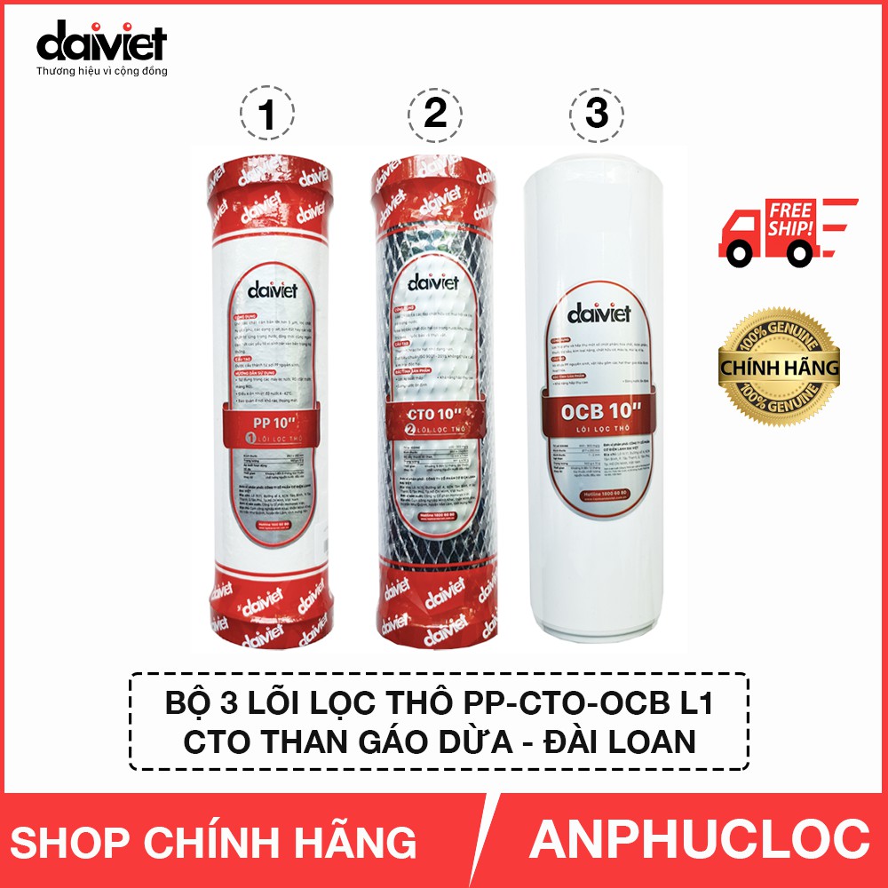 [CHÍNH HÃNG ] LÕI LỌC NƯỚC 123 ĐẠI VIỆT - COMBO 3 LÕI PP-OCB-CTO-L1 GÁO DỪA ĐÀI LOAN - DÙNG CHO DAIKIOSAN MAKANO