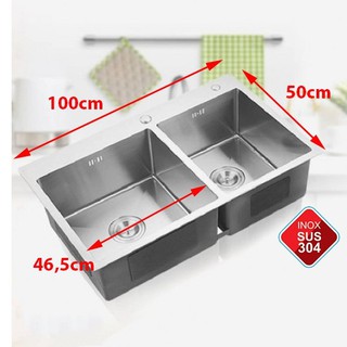 Bồn chậu rửa chén đúc KOREA 100x50 cm 100% inox 304 hàng loại 1 có 2 ngăn lớn đều nhau