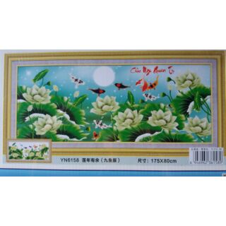 Tranh thêu chữ thập Cửu ngư quần tụ 6158