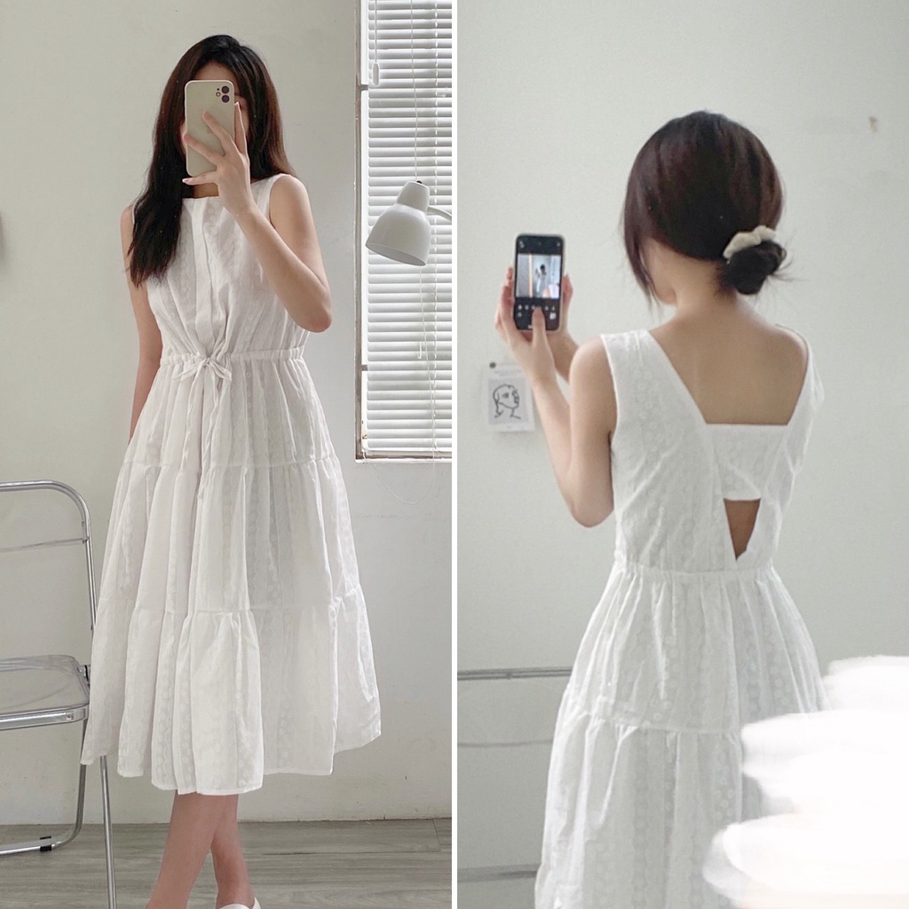 Váy trắng sát nách hoa tầng