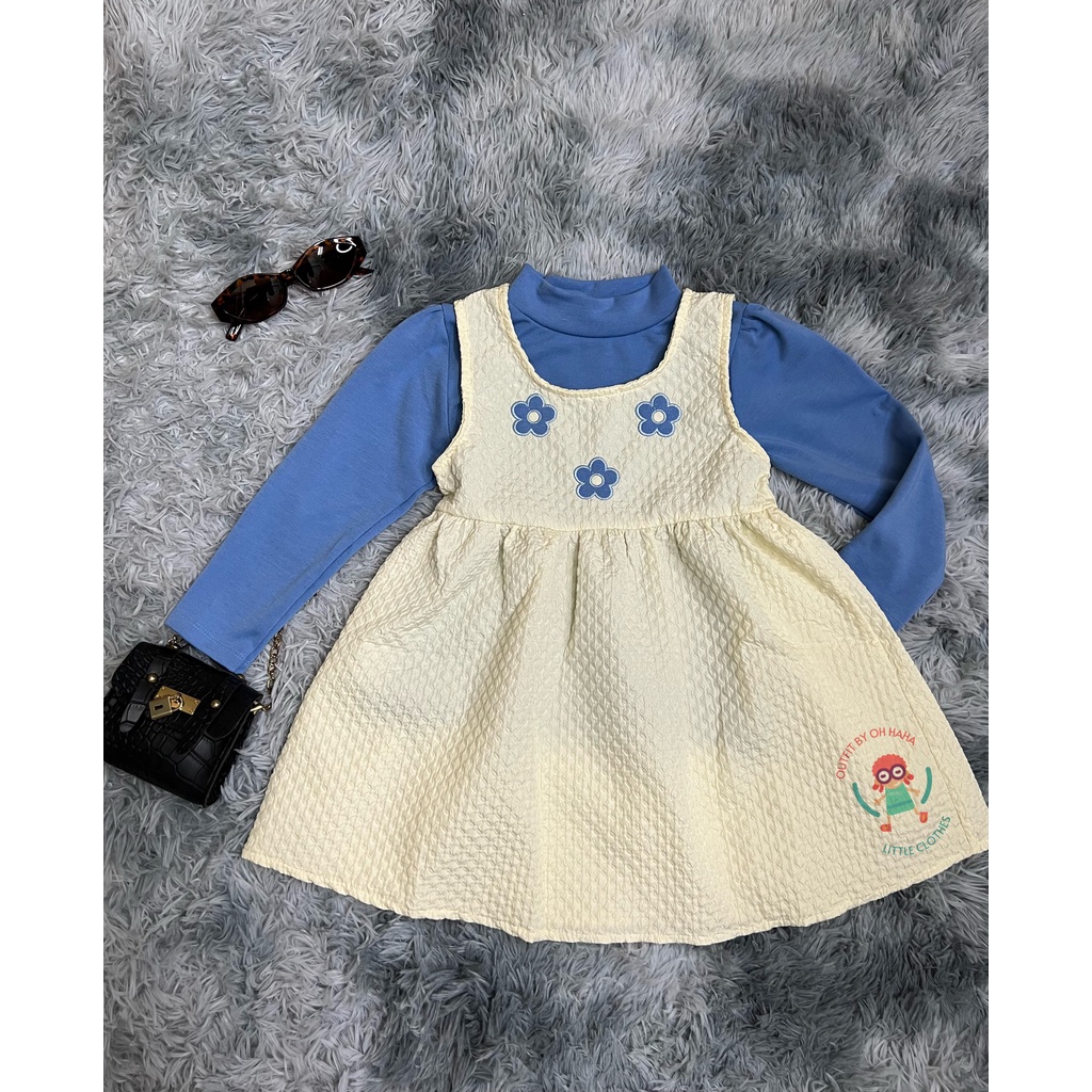 Set bộ áo thun tay dài cổ cao kèm váy xốp thêu hoa kiểu dáng hàn quốc cho bé gái từ 5-20kg