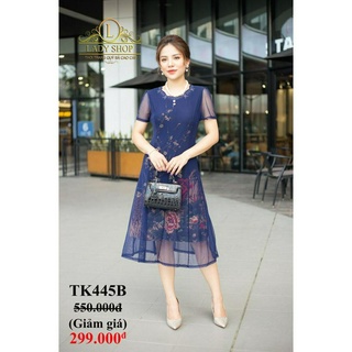 VÁY TRUNG NIÊN - ĐẦM QUÝ BÀ - THỜI TRANG TRUNG NIÊN CAO CẤP - LADYSHOP - Đầm 2 lớp xanh hoa mẫu đơn cổ đá TK445B