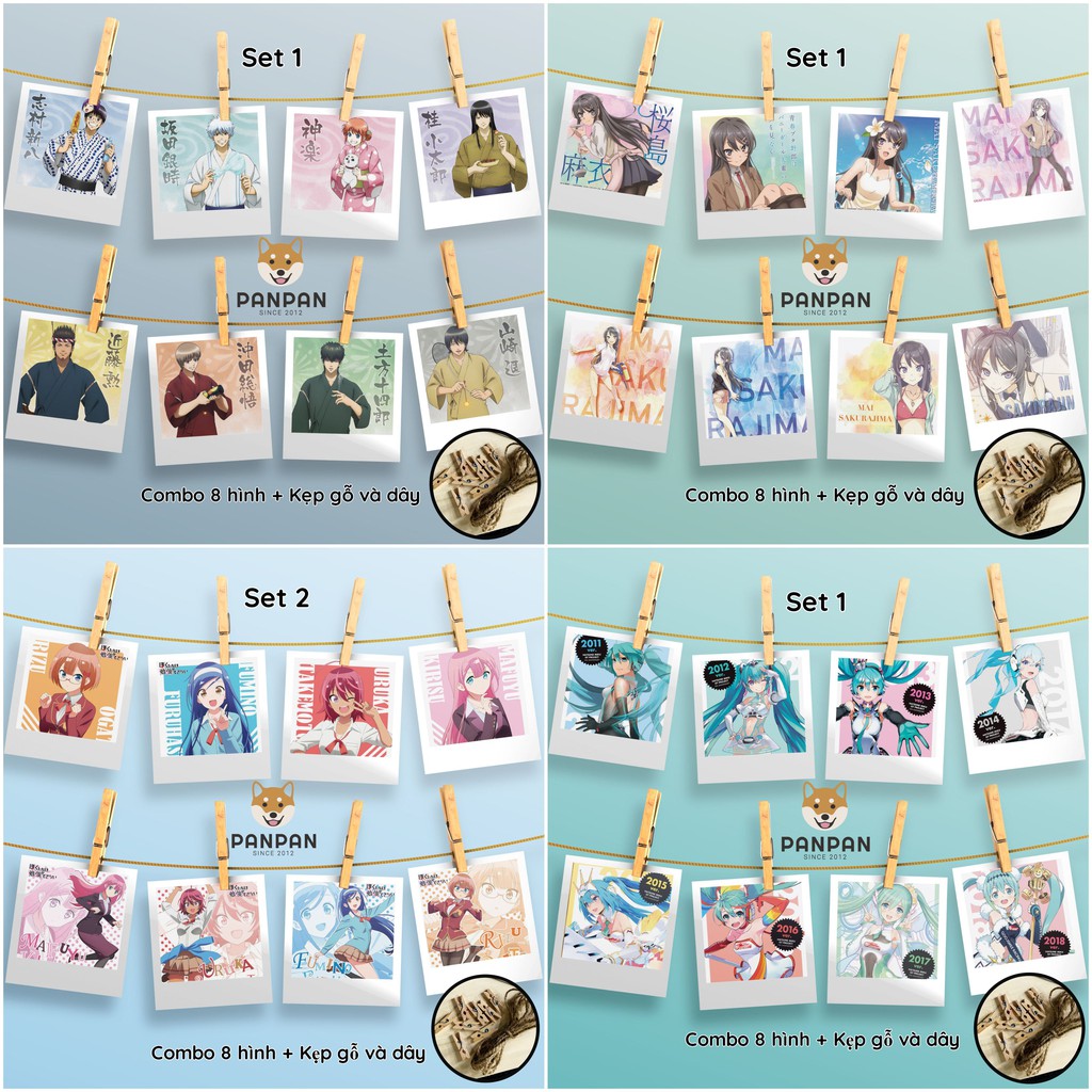 Combo 8 ảnh card lomo polaroid trang trí Anime Gintama, Bokuben, Miku Racing, Seishun Buta Yaro (tặng kèm dây và kẹp)