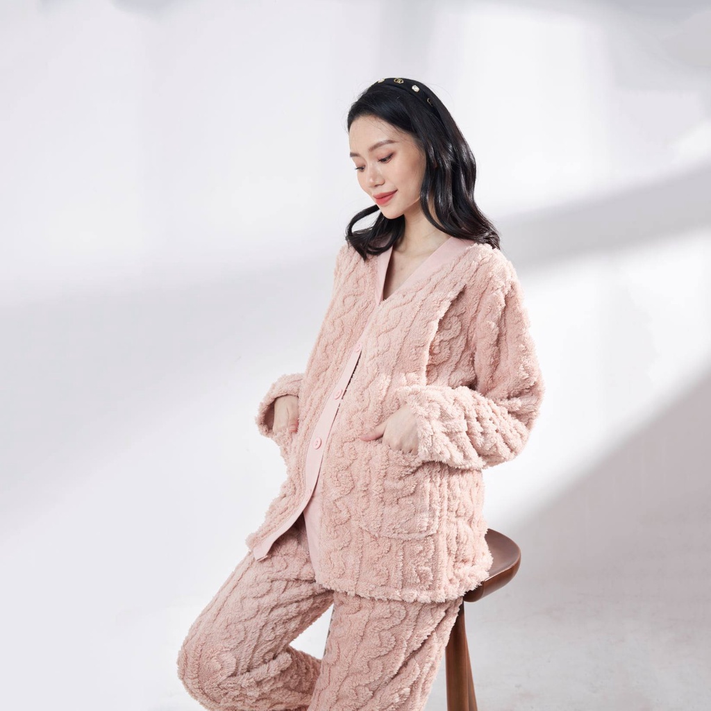 Bộ mặc nhà bầu và sau sinh cho con bú bông vặn thừng đại hàn 3 màu Snugg Việt SNU2098