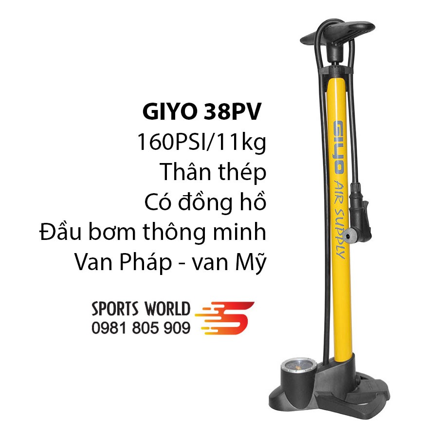 Bơm xe đạp 160PSI/11KG GIYO GF-38PV thân thép, đầu bơm thông minh