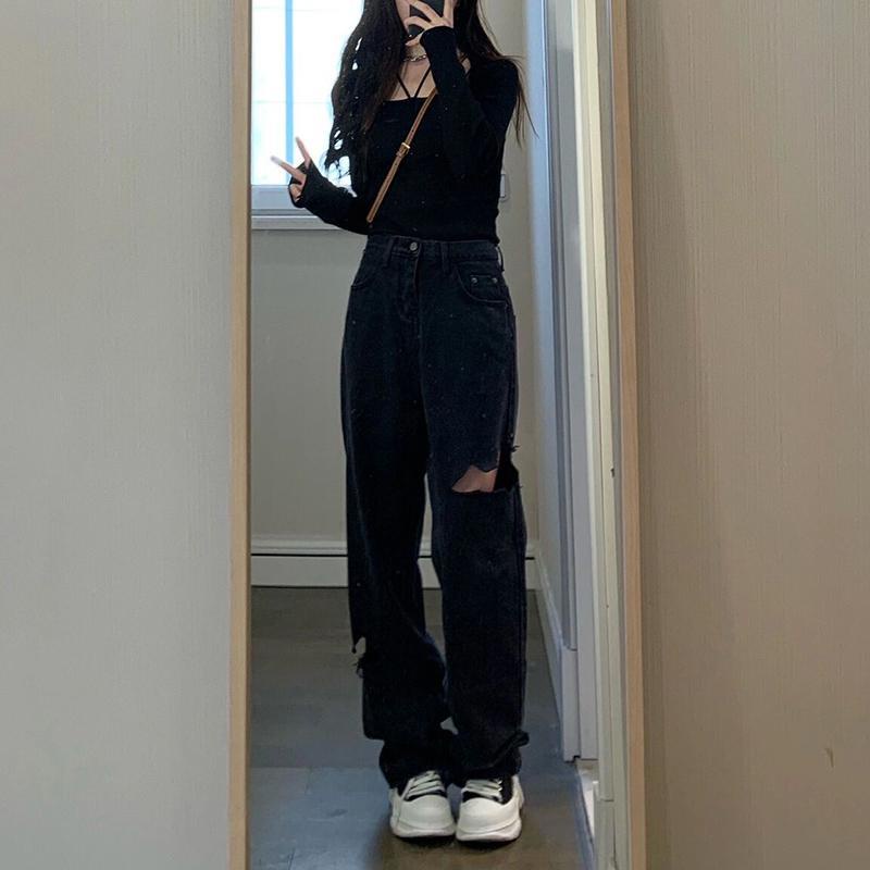 ✙♚✌Quần Jean Đen Ống Rộng Lưng Cao Rách Gối Thời Trang Xuân Hè 2022 Cho Nữ