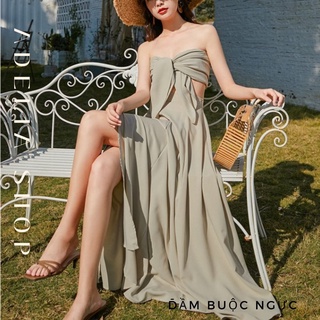 Sẵn - 𝑳𝒖𝒄𝒂𝒔𝒕𝒂 | đầm maxi thiết kế ngực độc đáo thắt nơ 2 lớp maxi xẻ tà cao, đầm tiểu thư maxi đi biển xẻ tà