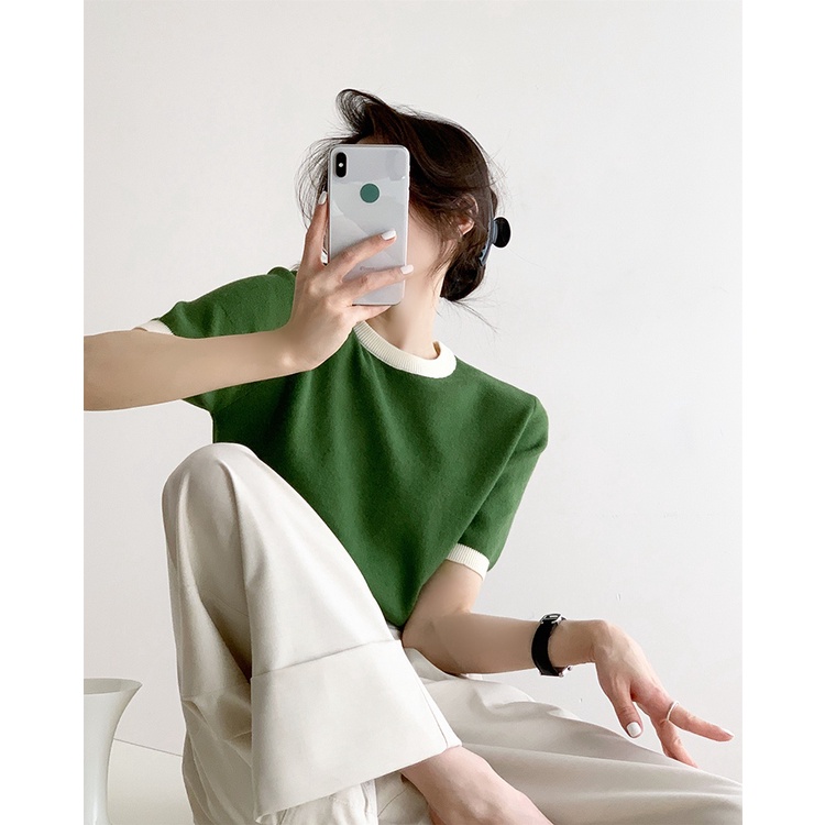 Porozi  Áo thun dệt kim  tay ngắn cổ tròn màu sắc tương phản phong cách Hàn Quốc cho nữ 3 màu tùy chọn