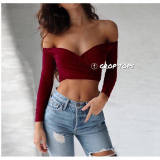Áo Croptop trễ hở vai vạt chéo tay dài body - by Sugargalz