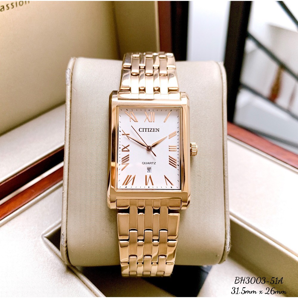 Đồng Hồ Nam Citizen Dây Kim Loại Vàng Form Vuông BH3003-51A 31.5x26mm Quartz Chính Hãng