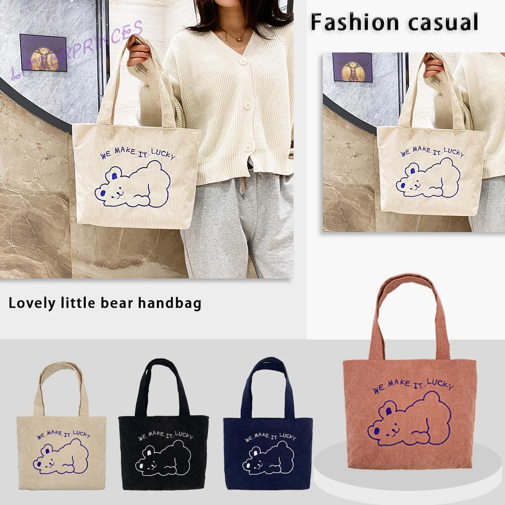 Túi tote đeo vai chất nhung kẻ họa tiết gấu hợp thời trang dành cho nữ