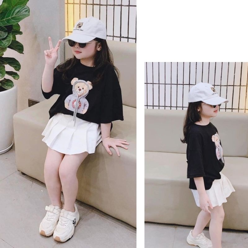 Combo 3 món áo thun gấu kèm chân váy và mũ thêu gấu đồ bộ trẻ em hot hit JIMADO E1.102.110