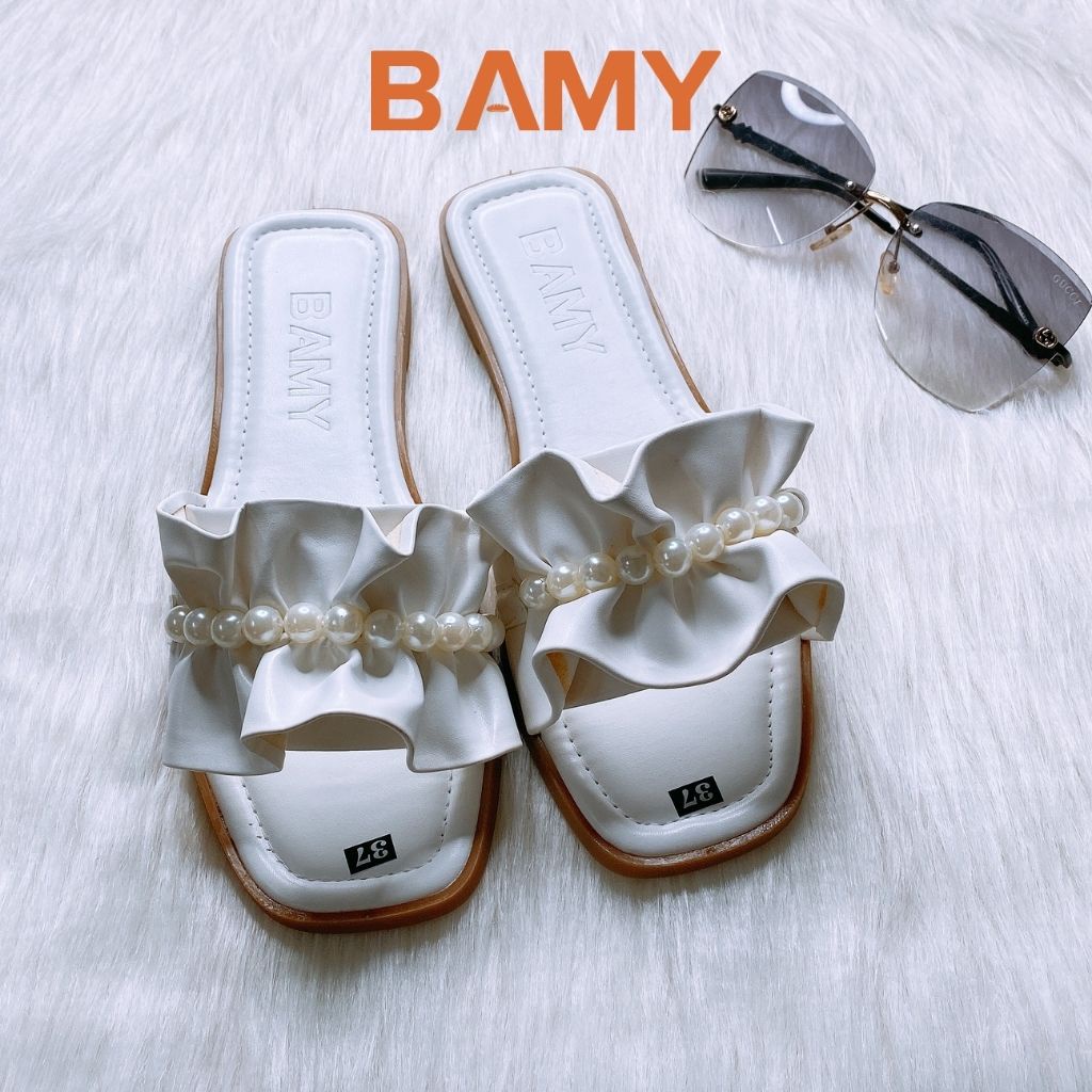 Dép lê nữ nhún nơ bèo đính ngọc châu, dép ulzzang phong cách tiểu thư đi biển, đi chơi cute - BaMy Shoes