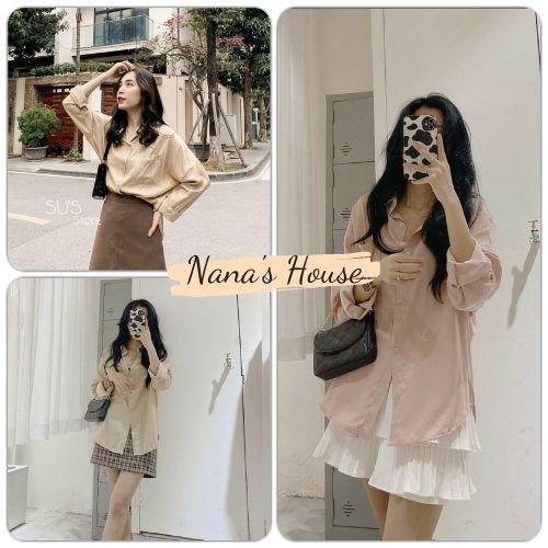 Áo Sơ Mi Nữ Trơn Dáng Dài - Form Rộng Phối Túi Ngực 🎁 Nana's House - FREESHIP 🎁 Áo sơ mi trơn 2 màu BE - HỒNG NHẠT basic