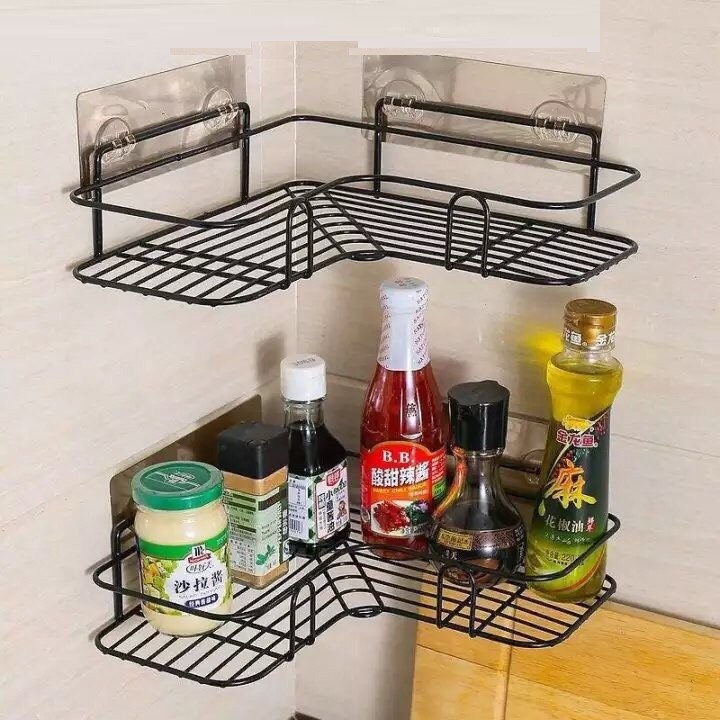 Kệ góc nhà tắm dán tường chất liệu thép không gỉ để đồ phòng tắm, Kệ đựng gia vị nhà bếp đa năng