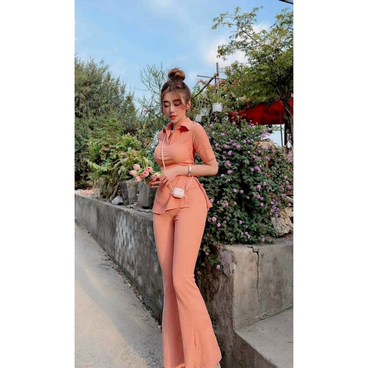 [8.8 Sales Freeship] Set bộ thun nữ, set áo cổ bẻ tay ngắn xẻ tà mix quần ống loe chất thun gân co dãn, tôn dáng