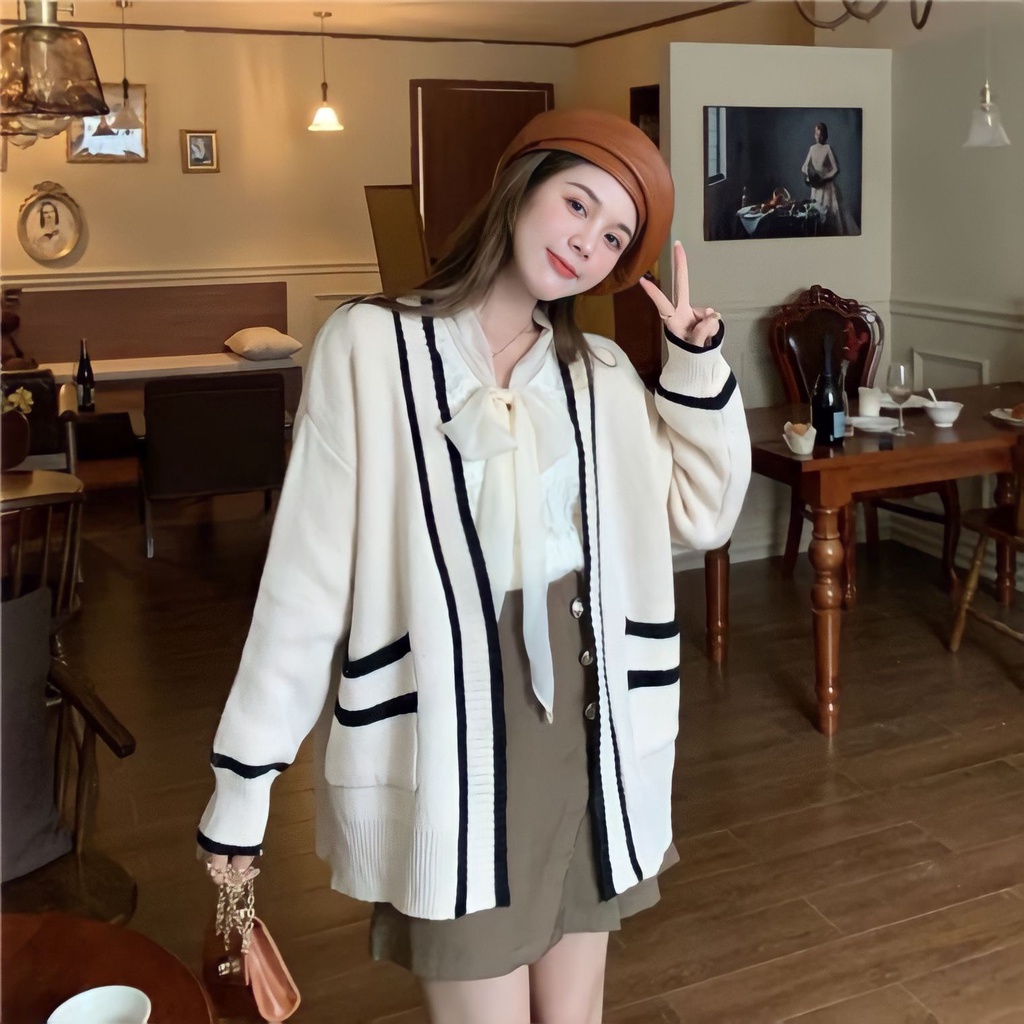 Áo Cardigan Len Nữ Chạy Sọc Túi Trước Dài Tay Dáng Rộng 2 Màu