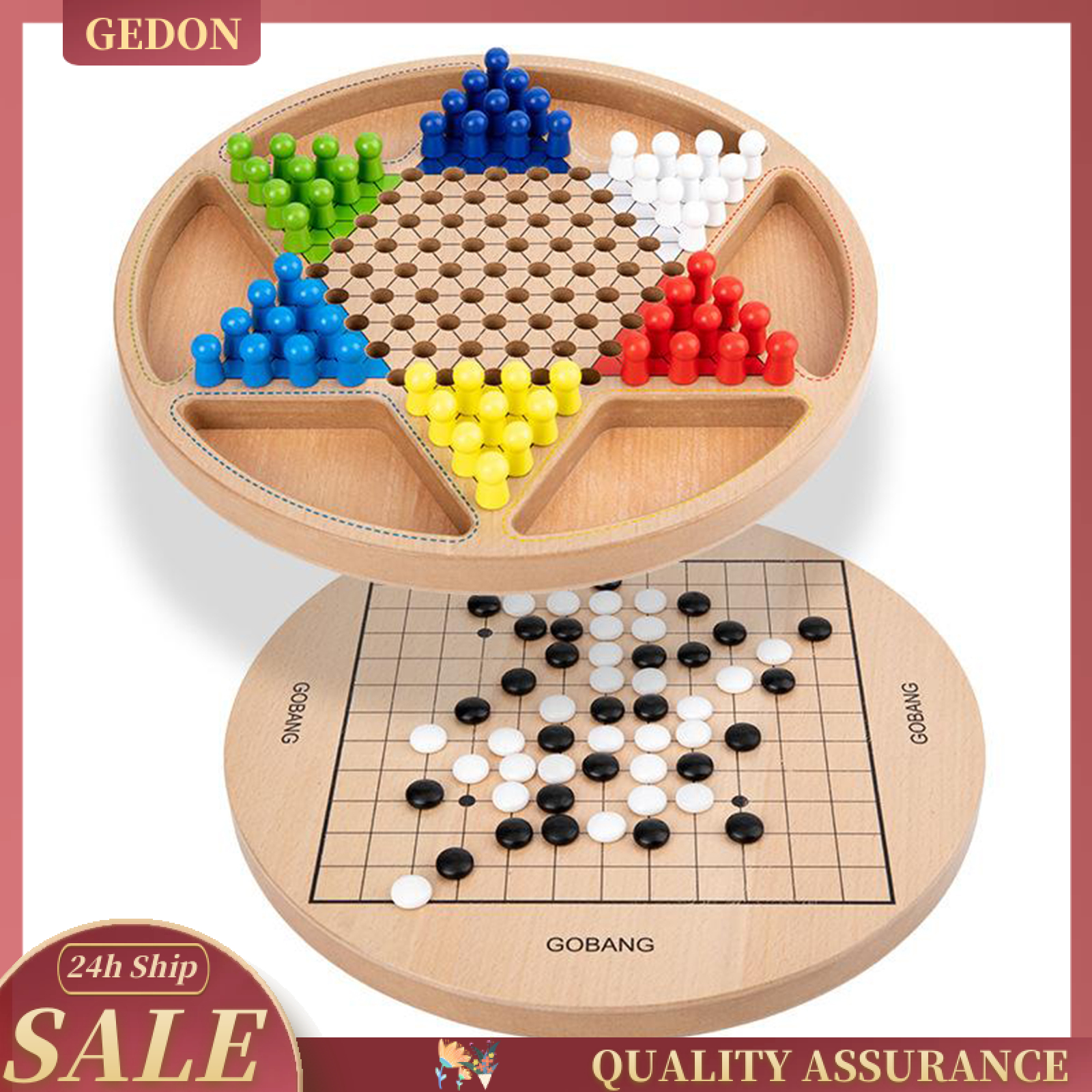 2 in 1 Chinese Checkers Board Game Mini Wooden Travel Set with Coloured Pegs for Adults, Boys and Girls in 6 Colors for Up to Six Players