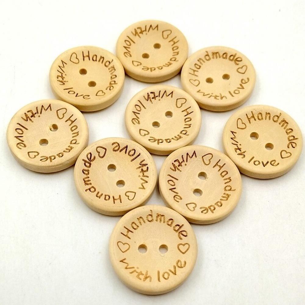 Set 100 cúc áo gỗ 2 lỗ 15mm in chữ Handmade DIY