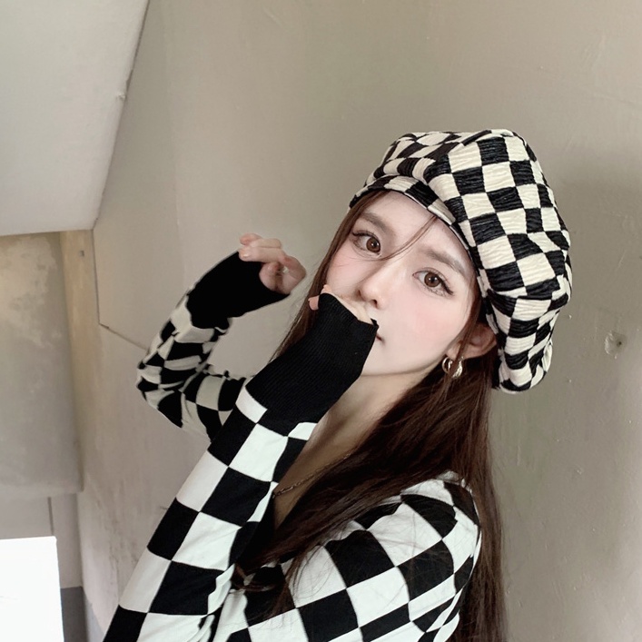 Mũ Beret Họa Tiết Sọc Caro Thời Trang Xuân Hè Cá Tính Cho Nữ