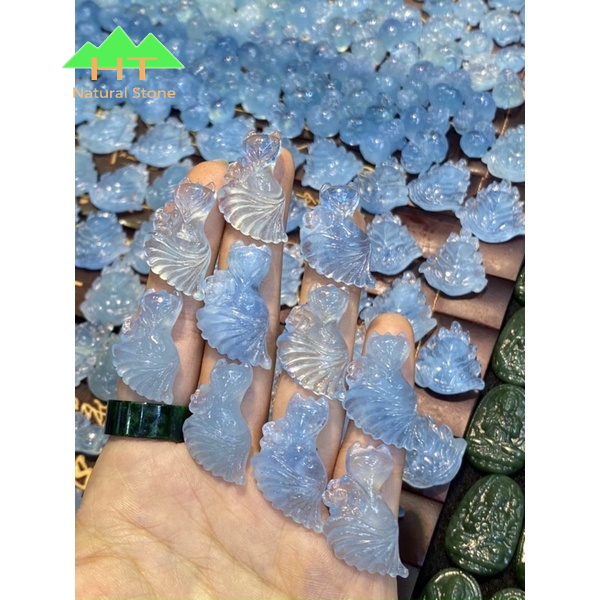 Mặt dây chuyền đeo cổ Hồ Ly đá Aqua đã bọc bạc sẵn