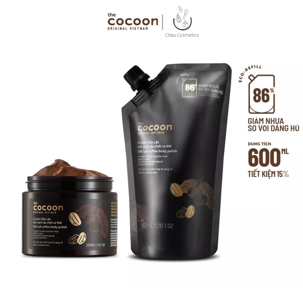 Tẩy da chết cà phê Đắk Lắk body Cocoon làm sạch tế bào chết da cơ thể hũ 200ml - túi refill tiết kiệm bigsize 600ml