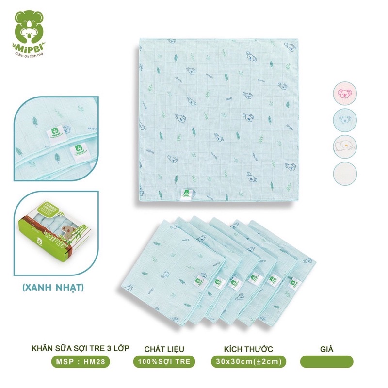 Set 6 khăn sữa MIPBI 100% sợi tre mềm mịn, kháng khuẩn, kháng mùi, thám hút 30x30cm