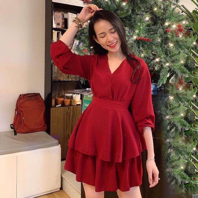Đầm váy đỏ 2 tầng cột eo (kèm hình thật)