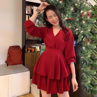Đầm dự tiệc váy dạo phố đỏ 2 tầng cột eo, váy noel, váy tết (kèm hình thật)