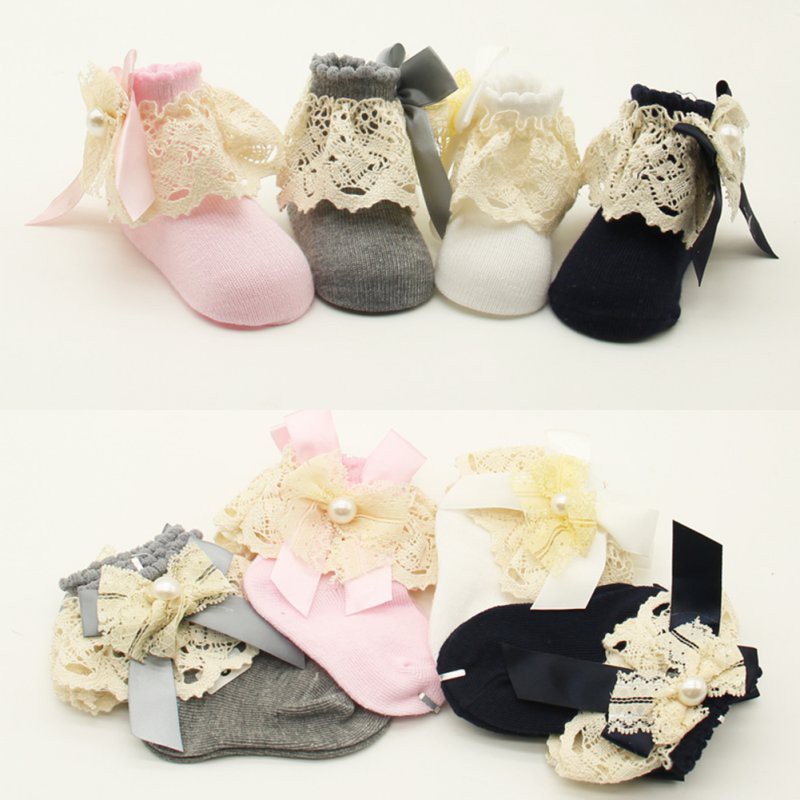 Vớ cotton dày dặn giữ ấm phối ren đính nơ đáng yêu cho bé gái