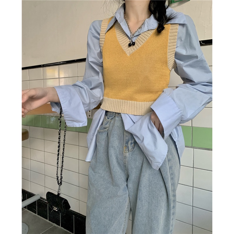 LEEVA -  Áo croptop len mỏng dáng gile phối họa tiết caro phong cách Retro A236