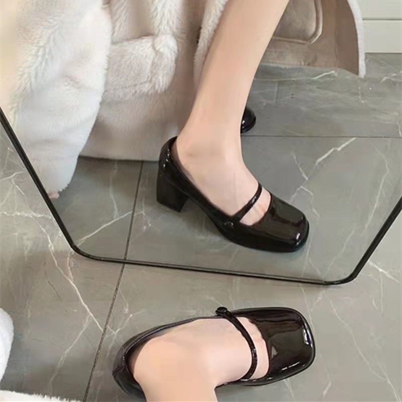 Giầy da bóng gót vuông cao 7 phân 2 màu đen nâu thời trang kiểu Hàn Quốc hiện đại cá tính Ulzzangshop520