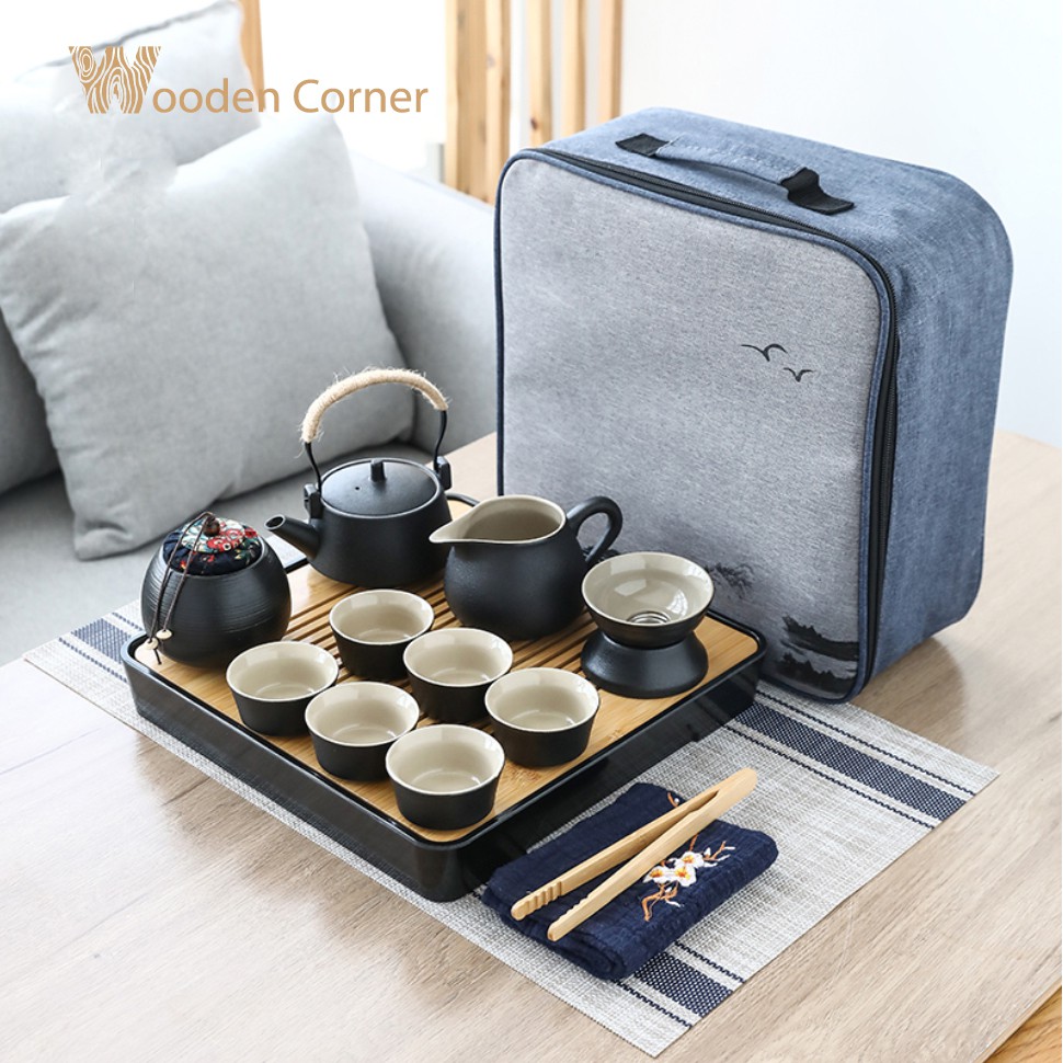 Bộ Ấm Trà Bằng Gốm Sứ Cao Cấp 13 món Pha Trà Đạo - Kèm Khay & Túi Đựng