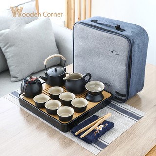 Bộ Ấm Trà Bằng Gốm Sứ Cao Cấp 13 Món Có Kèm Khay Gỗ & Túi Đựng - Pha Trà Đạo