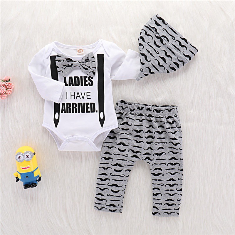 Bộ áo romperMikrdoo  cổ tròn tay dài gắn nơ kèm quần dài và mũ họa tiết dễ thương dành cho bé sơ sinh