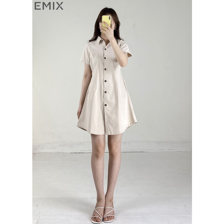 Váy sơ mi cổ đúc cúc cài chun sau EMIX (3 màu), đầm chữ A, dáng dài qua gối, cổ sơ mi, có túi hông, chất thô hàn 6789