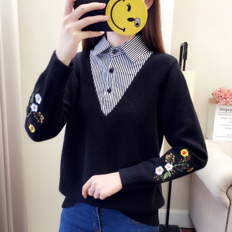 Áo dệt kim tay dài thêu hoa tùy chọn màu sắc