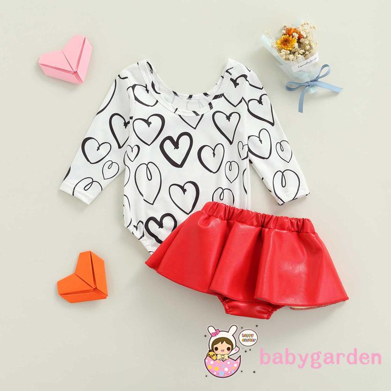 Bộ áo liền quần tay dài cổ tròn in hình trái tim phối chân váy da đỏ xinh xắn cho bé gái 0-18 tháng tuổi