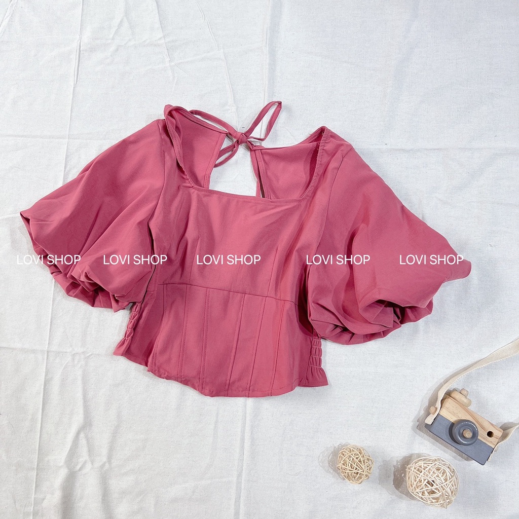 Áo croptop cổ U nơ sau tay phồng NHÀ LOVI