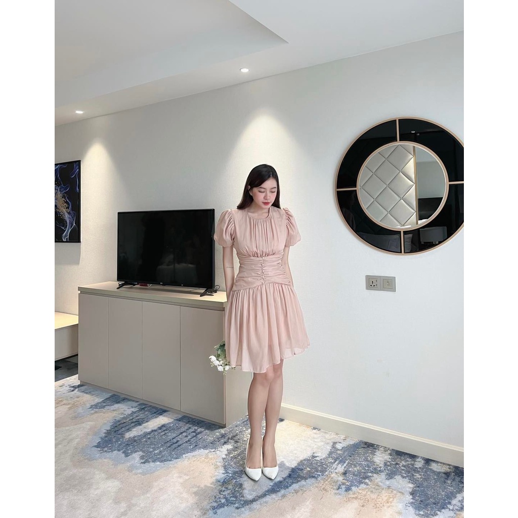 Đầm voan tay phồng nhún eo